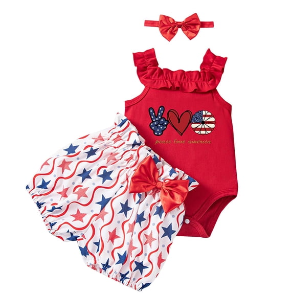 EnJoCho My First 4th of July Baby Boy Outfit Baby Girls 4th of July 𝖱omper Dress Sleeveless Stars Stripes Print Jumpsuit with Headband Independence Day Clothes