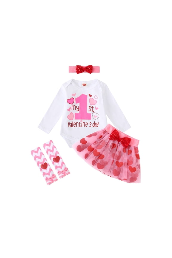 My First Valentines Day Baby Girl Outfit Love Heart 𝖱omper Ru𝖿fle Layered Shorts Headband Socks Cute Clothes Set Party Festival Holiday Baptism Dedication 𝖢eremony Outfit