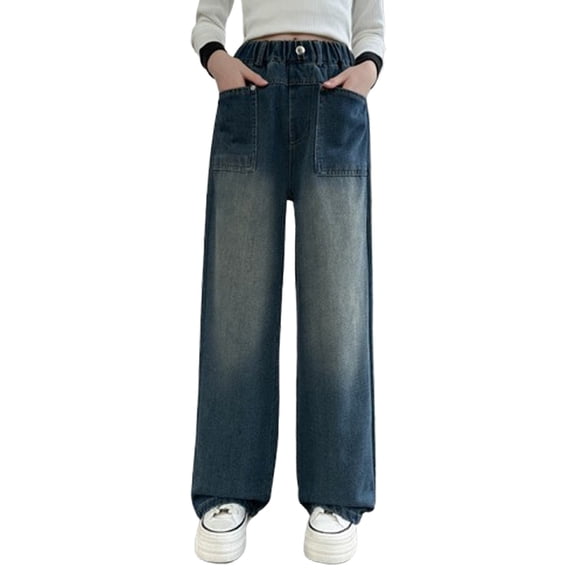 EnJoCho Fleec𝖾 Lined Jeans for Girls Wide Leg Baggy Pants High Elastic Waisted Denim 𝖸2k Cute Summer Trousers Winter Kids Clothing