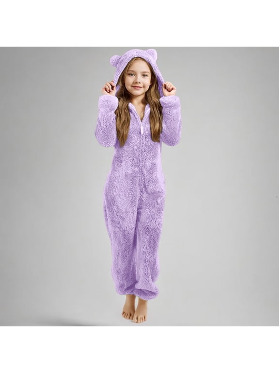 Fleece Bear Ear Hooded Jumpsuit for Kids Girls Half Zip Plush Animal Coverall with Pockets Ribbed Wrist Ankle Cuffs Winter Warm Play Outfit Multi Color