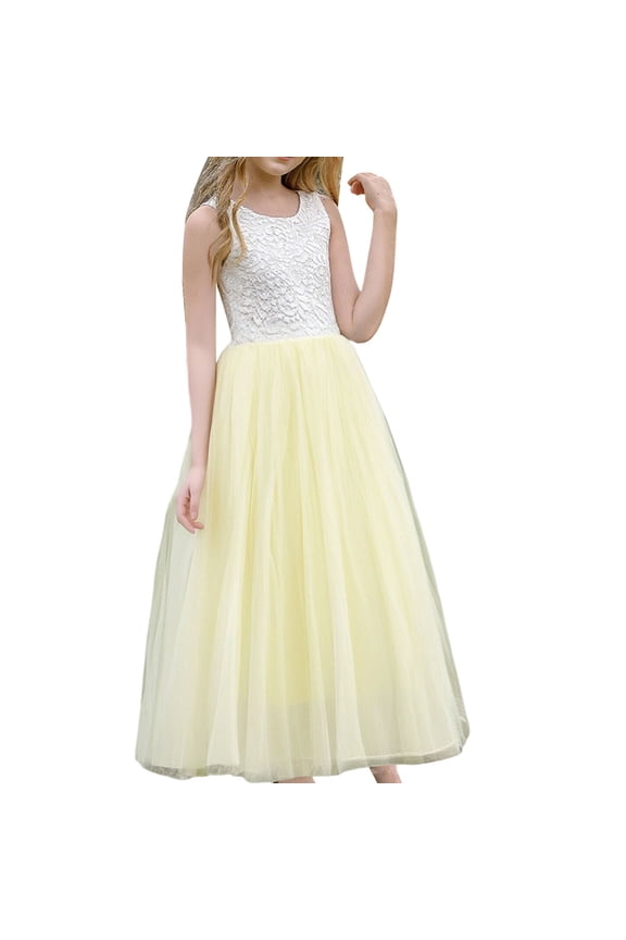 Flower Girl Dress A-Line Floor-Length Lace Tulle Sleeveless, Backless Mesh Wedding Garden Par𝗍y Dresses for Girls