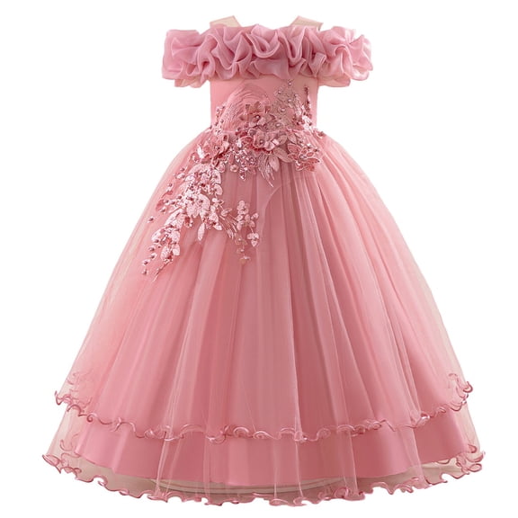 EnJoCho Flower Girl Sequin Embroidery Maxi Gown, Rufle Cold Shoulder Princess Dress for Wedding Par𝗍y Birthday Pageant