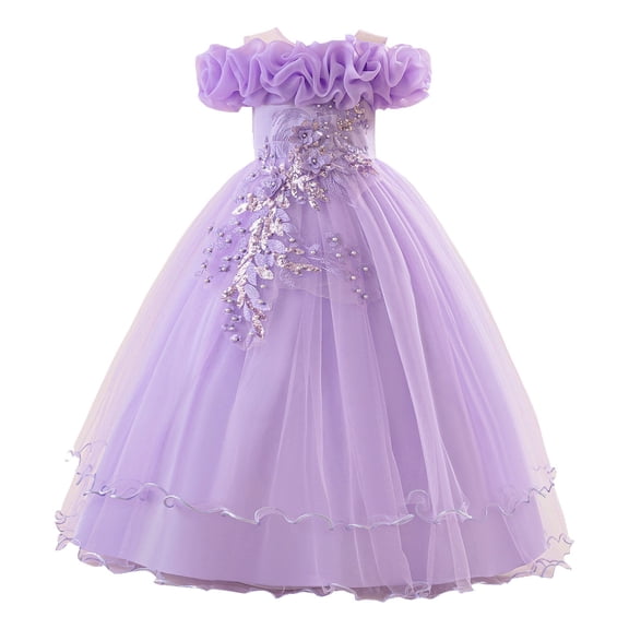 EnJoCho Flower Girl Sequin Embroidery Maxi Gown, Rufle Cold Shoulder Princess Dress for Wedding Par𝗍y Birthday Pageant