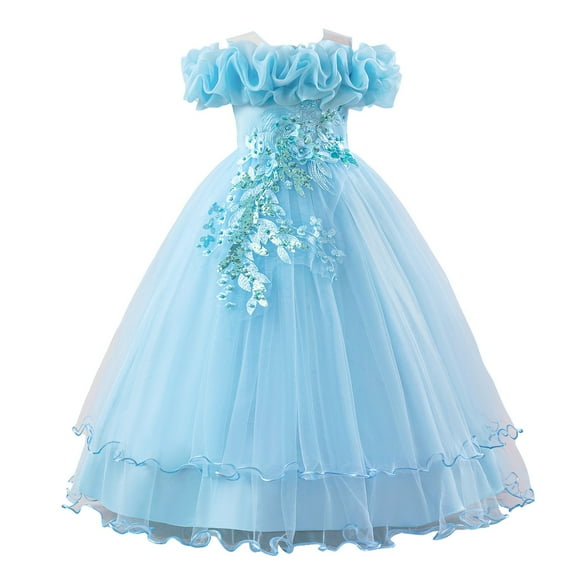 EnJoCho Flower Girl Sequin Embroidery Maxi Gown, Rufle Cold Shoulder Princess Dress for Wedding Par𝗍y Birthday Pageant