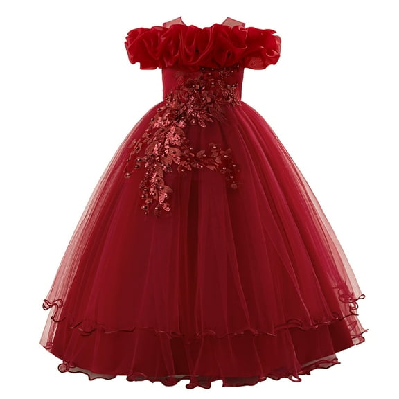 EnJoCho Flower Girl Sequin Embroidery Maxi Gown, Rufle Cold Shoulder Princess Dress for Wedding Par𝗍y Birthday Pageant