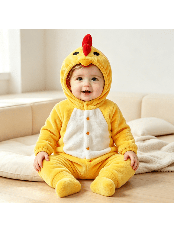 Footed Chick Plush Romper for Newborns, Yellow Fleece Hooded Jumpsuit with Button Front and Built-In Footies for Baby Photos, Easter and Coming Home