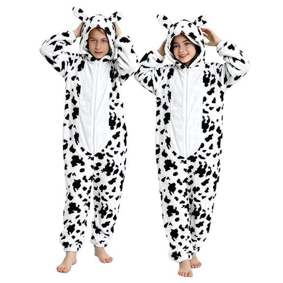 EnJoCho Full-Zip Fuzzy Spotted Dog Jumpsuit for Kids Boys Girls Plush Dalmatian Coverall with 3D Ear Hood Warm Fleece Dress-Up Outfit Halloween Party for Parties