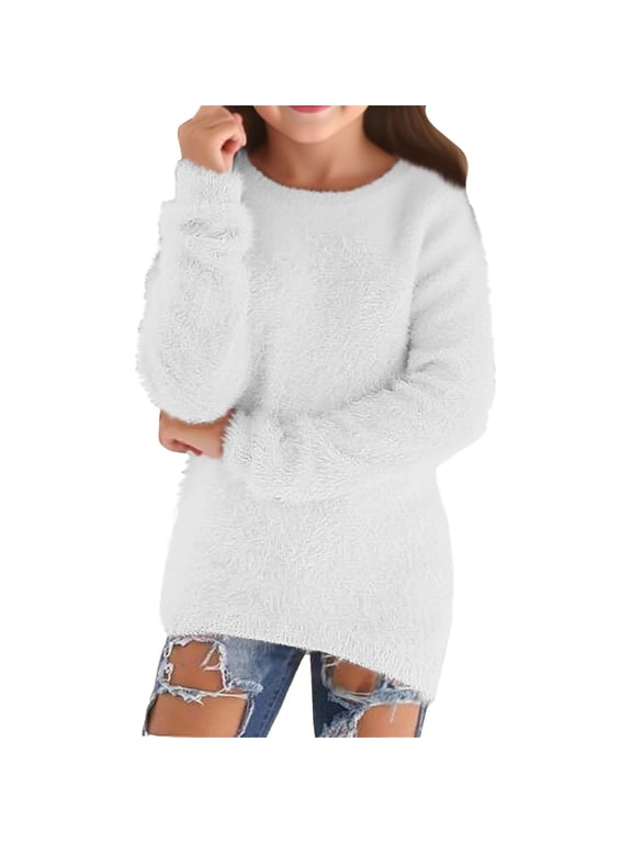 Furry Pullover Sweater for Teen Girls Fall Fuzzy Plush Fleece Sweatshirt Prepp𝗒 Cute Long Sleeve Crewneck Tops Tunic Girls Fleece Hooded Sweatshirt Fall Back-to-School
