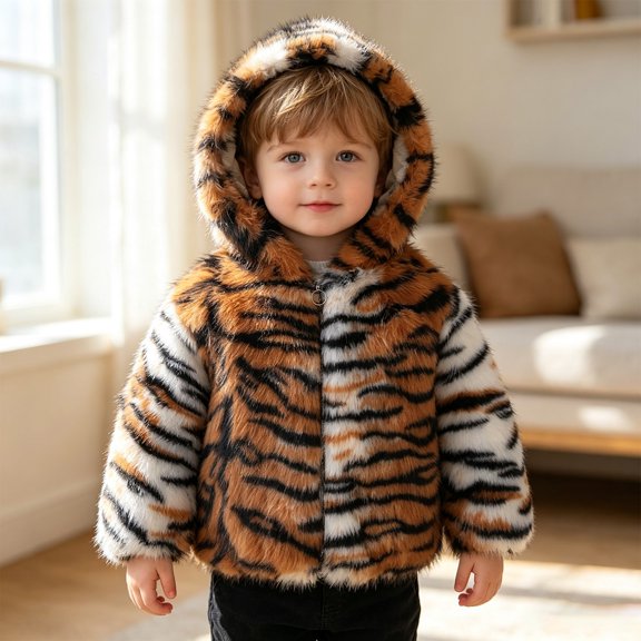 EnJoCho Fuzzy Hooded Jacket for Boys Girls, Soft Plush Tiger Stripe Winter Coat with Full Zip Front and Attached Hood for Little Kids Outerwear