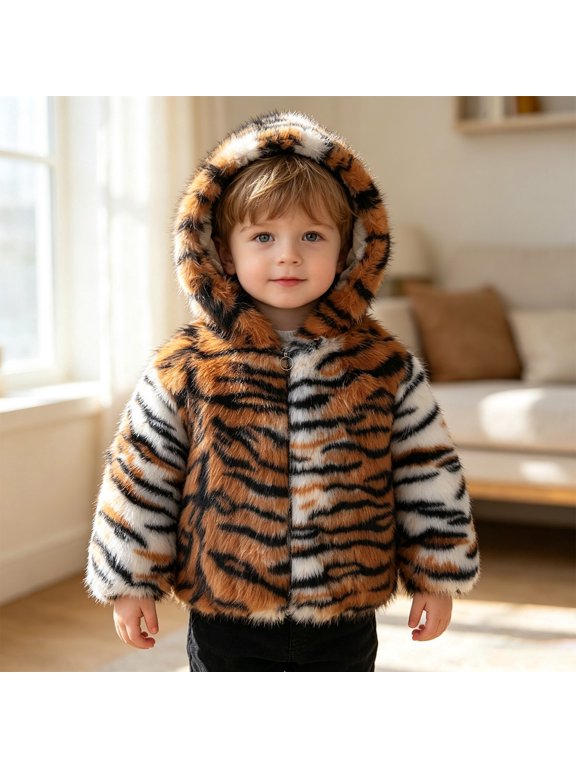 Fuzzy Hooded Jacket for Boys Girls, Soft Plush Tiger Stripe Winter Coat with Full Zip Front and Attached Hood for Little Kids Outerwear