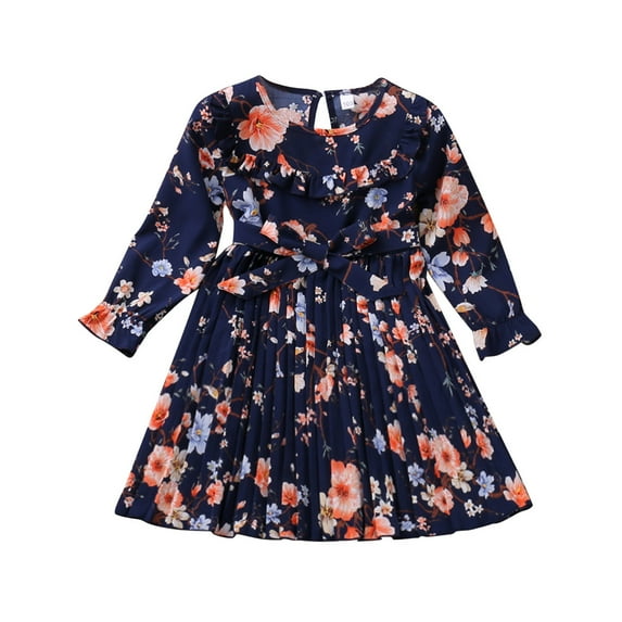 EnJoCho Girl's Casual Dress Summer Scoop Neck Long Sleeves Floral Flowy Print Plain Sundress Dress Little & Big Children Fashion Party Dresses 2-3 Years