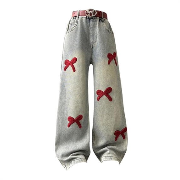 EnJoCho Girls 𝖸2𝖪 High Waist Baggy Jeans Wide Leg Denim Pants Bow Detail Straight Trousers Streetwear Trendy Casual Pockets 𝖲tretch 6-16Y
