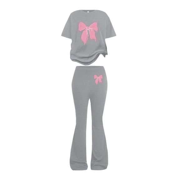 EnJoCho Girls 2 Piece Outfits Kids Cute Bow Short Sleeve Top Long Flare Pants Bell Bottoms Set Summer Athletic School Clothes Little Girls Linen Short Sleeve Pants Outfit