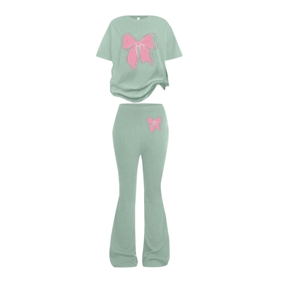 EnJoCho Girls 2 Piece Outfits Kids Cute Bow Short Sleeve Top Long Flare Pants Bell Bottoms Set Summer Athletic School Clothes Little Girls Linen Short Sleeve Pants Outfit