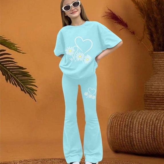 EnJoCho Girls 2 Piece Outfits Short Sleeve Bow Tees Flared Pants 2026 Summer Clothing Set Size 8-13 Years Trendy Youth Fashion Tee Pants Combo