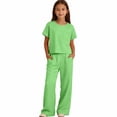 thumbnail image 1 of EnJoCho Girls 2 Piece Outfits Summer Short Sleeve Crew Neck T Shirts Tops Wide Leg Sport Pants Sets Kids Cute Casual Oversized Girls Breathable Sport pants Sets, 1 of 7