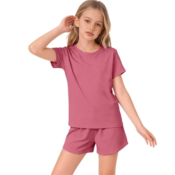 EnJoCho Girls 2 Piece Summer Outfits Girls Vacation Shirts for School Summer Camp Tween Short Sleeve Crew Neck T Shirt Elastic Waist Shorts Matching Set Pockets Athletic Sets
