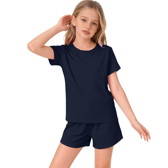 EnJoCho Girls 2 Piece Summer Outfits Girls Vacation Shirts for School Summer Camp Tween Short Sleeve Crew Neck T Shirt Elastic Waist Shorts Matching Set Pockets Athletic Sets