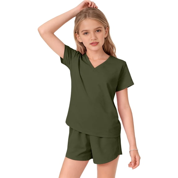 EnJoCho Girls 2 Piece Summer Outfits Tween Short Sleeve V Neck T Shirt Elastic Waist Shorts Matching Set Pockets Casual Beach Sets