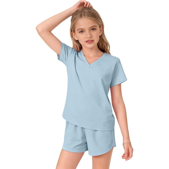EnJoCho Girls 2 Piece Summer Outfits Tween Short Sleeve V Neck T Shirt Elastic Waist Shorts Matching Set Pockets Casual Beach Sets