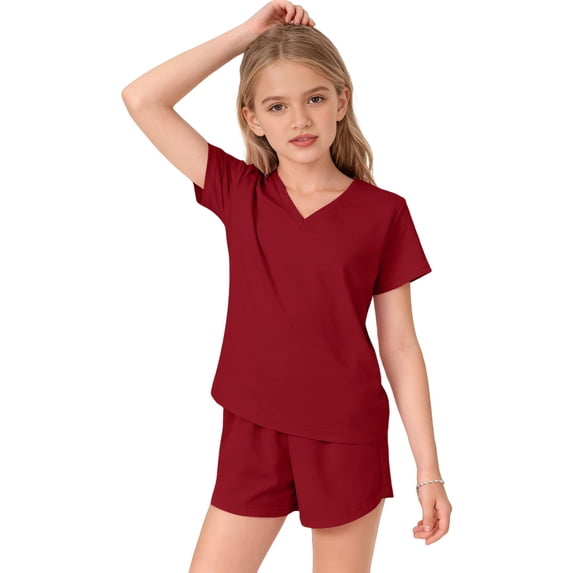 EnJoCho Girls 2 Piece Summer Outfits Tween Short Sleeve V Neck T Shirt Elastic Waist Shorts Matching Set Pockets Casual Beach Sets