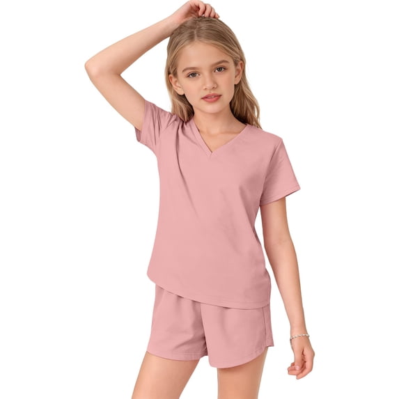 EnJoCho Girls 2 Piece Summer Outfits Tween Short Sleeve V Neck T Shirt Elastic Waist Shorts Matching Set Pockets Casual Beach Sets