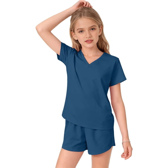 EnJoCho Girls 2 Piece Summer Outfits Tween Short Sleeve V Neck T Shirt Elastic Waist Shorts Matching Set Pockets Casual Beach Sets