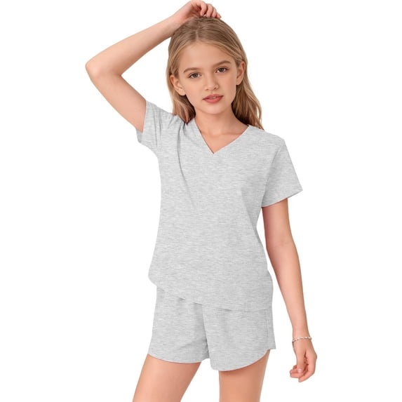 EnJoCho Girls 2 Piece Summer Outfits Tween Short Sleeve V Neck T Shirt Elastic Waist Shorts Matching Set Pockets Casual Beach Sets
