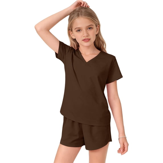 EnJoCho Girls 2 Piece Summer Outfits Tween Short Sleeve V Neck T Shirt Elastic Waist Shorts Matching Set Pockets Casual Beach Sets