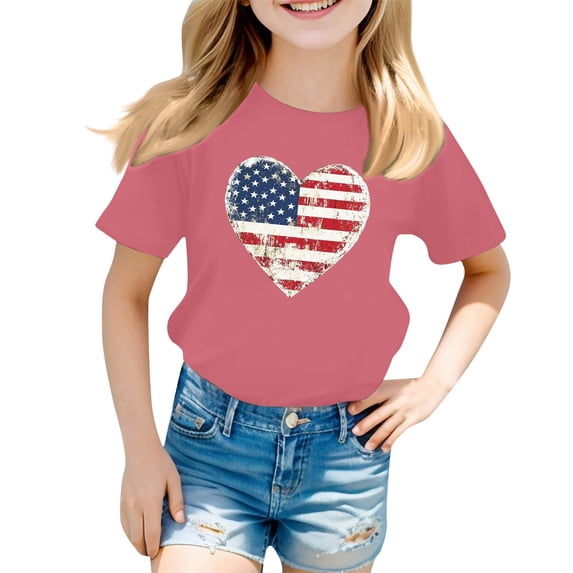 EnJoCho Girls 4th of July USA Shirt American Flag Patriotic T-Shirt Independence Day Outfit for Kids 5-14Years Boys Summer Shirts