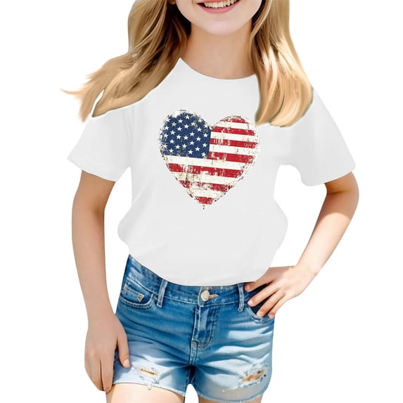 EnJoCho Girls 4th of July USA Shirt American Flag Patriotic T-Shirt Independence Day Outfit for Kids 5-14Years Boys Summer Shirts