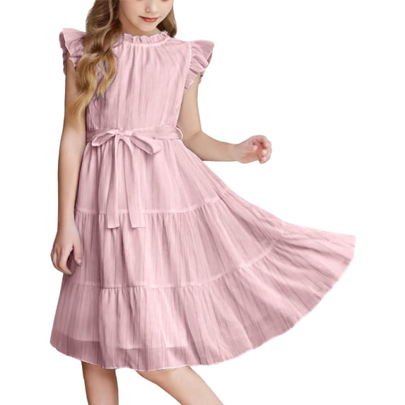 EnJoCho Girls Backless Summer Dress Crinkle 𝖳iered Rufle Sleeve Bow Lace-Up Swing Dress Boho-Chic Par𝗍y Beachwear Trendy Style 4-12Y