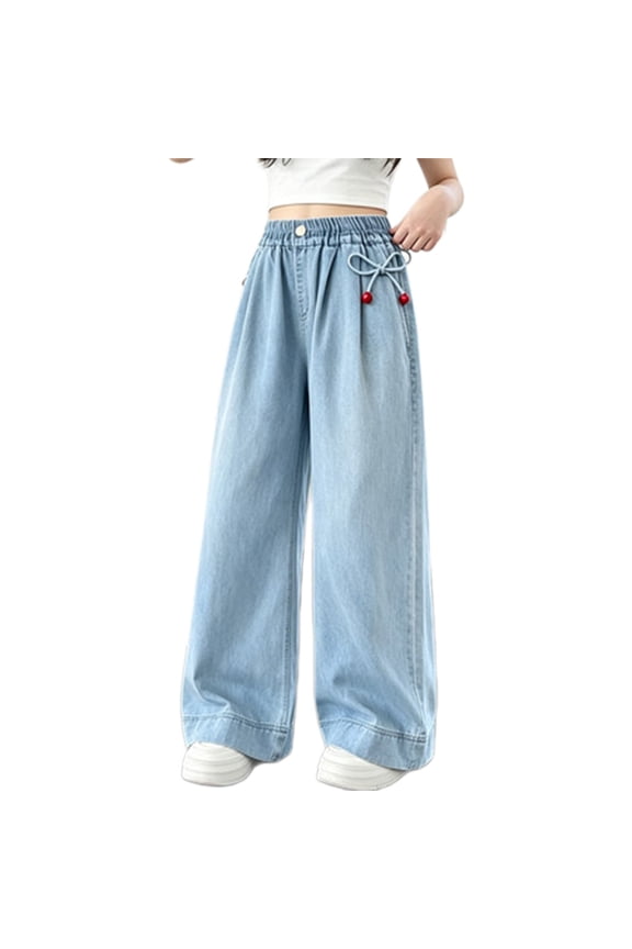 Girls Baggy Jeans Wide Straight Leg Elastic Waist Denim Pants Fashion Y2𝗄 Boyfriend Skater Streetwear Kids Vintage Wash Pants Girls’ Wide Leg Jeans Back-to-School