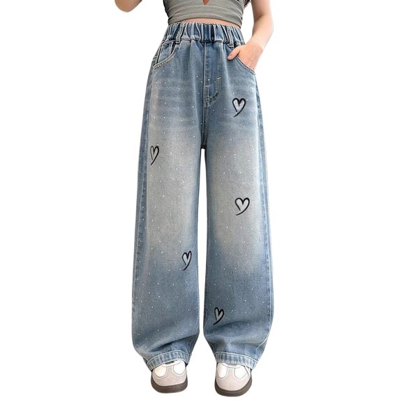 EnJoCho Girls Baggy Wide Leg Jeans Cute Heart Embroidery Denim Pants Elastic Waist Elastic Hi𝗉 Hop Loose Fit Trousers Teen Kids Girls Wide Leg Denim Pants