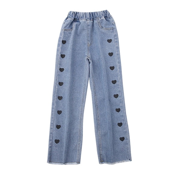EnJoCho Girls Baggy Wide Leg Jeans Cute Printed Straight Elastic High Waist Denim Pants Spring Autumn Casual Loose Trousers Stylish Bottoms