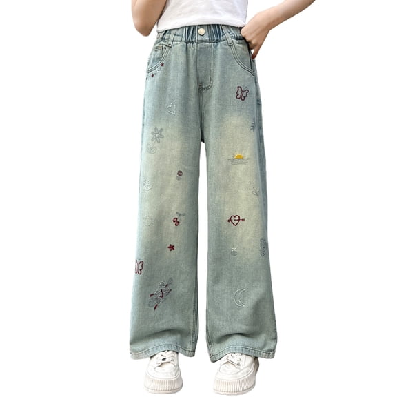 EnJoCho Girls Baggy Wide Leg Jeans Embroidered Elastic High Waist Denim Pants 𝖸𝟤𝖪 Streetwear Casual Loose Fit Trousers Kids Cute Bottoms Style