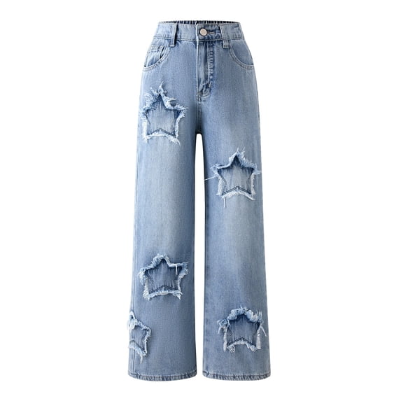 EnJoCho Girls Baggy Y2πͺ Star Applique Jeans Casual Elastic Waist Wide Straight Leg Denim Jeggings Pants Jeans with Pockets Teen Girls Wide Leg Jeans Baggy Y2πͺ Denim