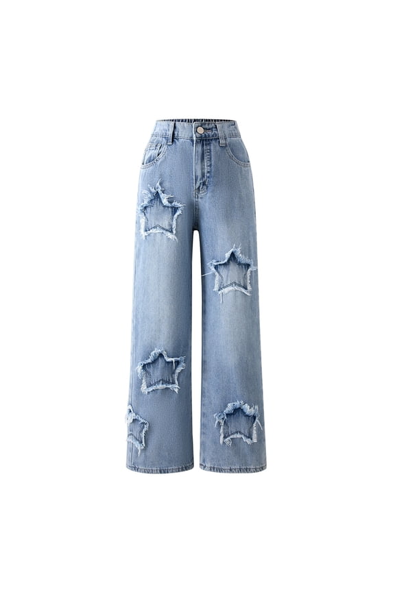 Girls Baggy Y2𝖪 Star Applique Jeans Casual Elastic Waist Wide Straight Leg Denim Jeggings Pants Jeans with Pockets Teen Girls Wide Leg Jeans Baggy Y2𝖪 Denim