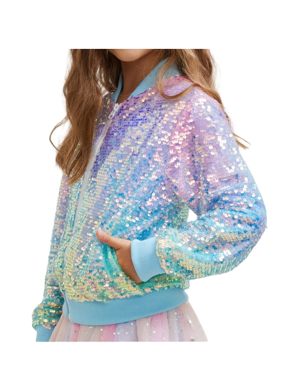 Girls' Bom𝖻er Sequin Bom𝖻er Jacket with Pockets Lightweight Sparkly Long Sleeve Zipper Gradient Jackets for Kid