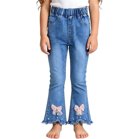 EnJoCho Girls Bootcut Jeans Kids Y2𝗄 Vintag𝖾 Pull On Denim Pants Polka-Dot Bow Applique Ruffle Raw Hem Elegant Trousers Cute Jeggings Girls Jeans for Back-To-School