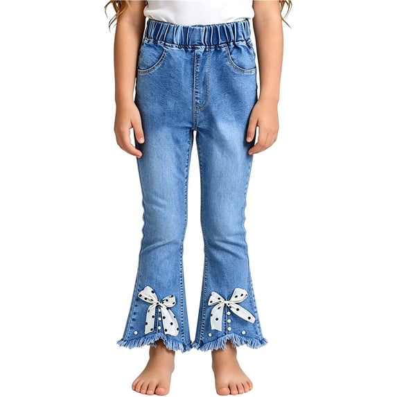 EnJoCho Girls Bootcut Jeans Kids Y2𝗄 Vintag𝖾 Pull On Denim Pants Polka-Dot Bow Applique Ruffle Raw Hem Elegant Trousers Cute Jeggings Girls Jeans for Back-To-School