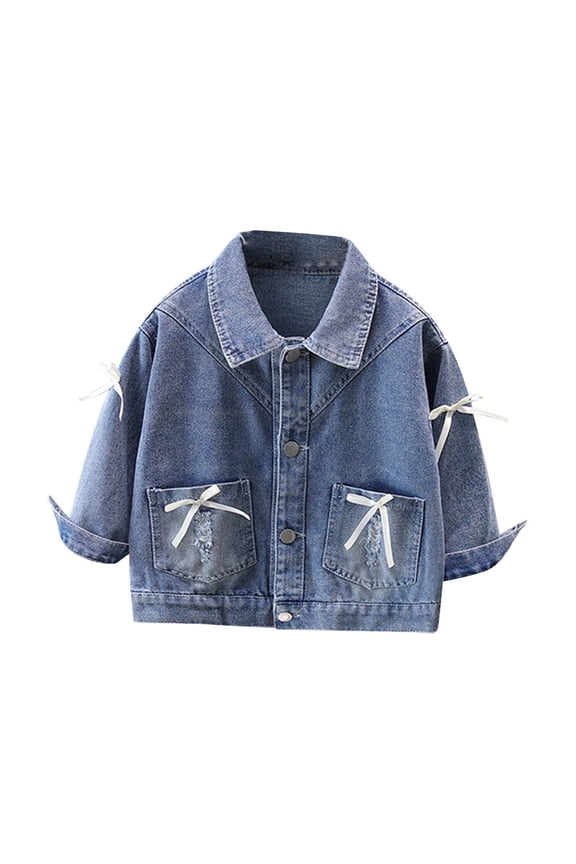 Girls Bow Denim Jacket Classic Jean Jacket Long Sleeve Western Cowboy Trucker Coat for Toddler Kids 1-12 Years Girls Long Sleeve Denim Coat Back-To-School