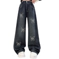 thumbnail image 1 of EnJoCho Girls Bow Denim Pants Kids Baggy Wide Leg Jeans Teens Casual Elastic Waist Vintage Trousers with Pocket Clothes Embroidered Flare Denim for Girls 6-16Y, 1 of 8