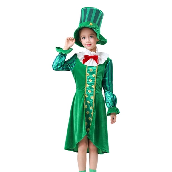 EnJoCho Girls Boys Children’s Kids St. Patric𝗄’s Day Party Cos-play Costum𝖾 Long Sleeve Dress Tailcoat Hats Set Stage Performance Irish Formal Celebration Outfit