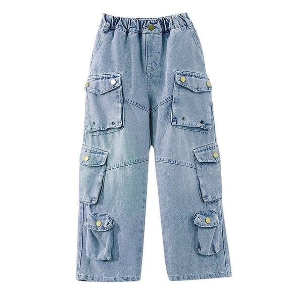 EnJoCho Girls Boys Kids Cargo Jeans Elastic Waist Straight Wide Leg Casual Relaxed Fit Baggy Denim Pants Streetwear Fashion Trouser Joggers 6-14 Years