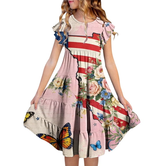 EnJoCho Girls' Casual 250th Anniversary Flag Print Ruffled Dress 4th of July Dresses for Girls USA Patriotic Dress American Flag A Line Dress Independence Day Outfit 5-14y
