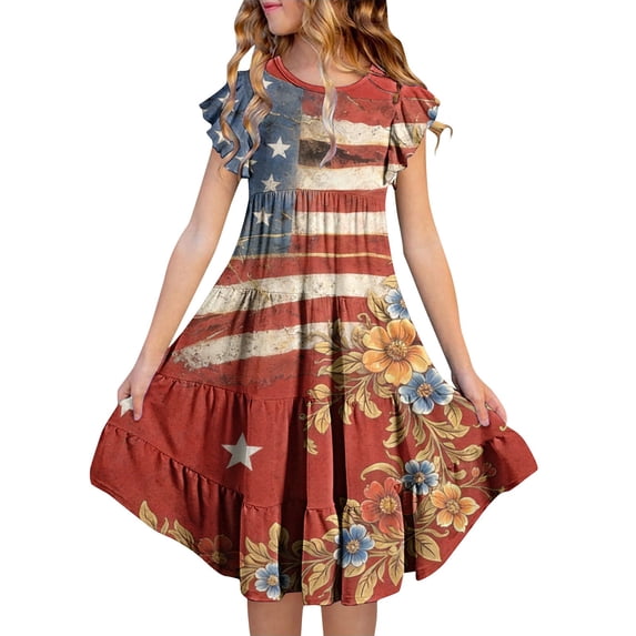 EnJoCho Girls' Casual 250th Anniversary Flag Print Ruffled Dress 4th of July Dresses for Girls USA Patriotic Dress American Flag A Line Dress Independence Day Outfit 5-14y