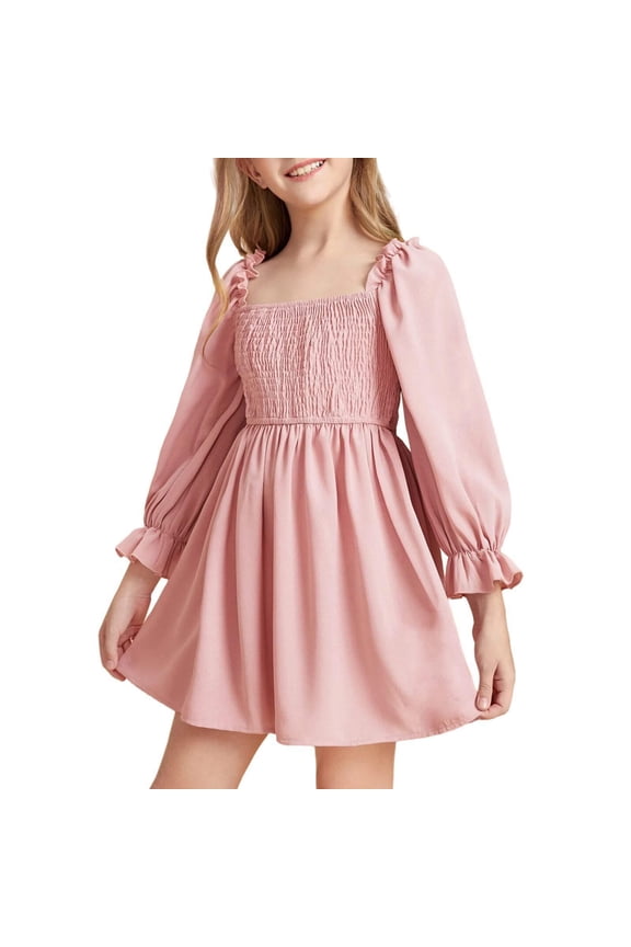 Girls' Casual A-Line Dress with Ruffl𝖾 Hem Long Sleeve Square Neck Teen Girls Dress Tween Junior Dresses, 5-14 Years