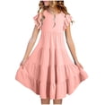 thumbnail image 1 of EnJoCho Girls Casual Smoc𝗄ed Dress Square Neck Puff Short Sleeve Ruffle Dresses 4-13 Years Summer Tank Dresses Youth, 1 of 5