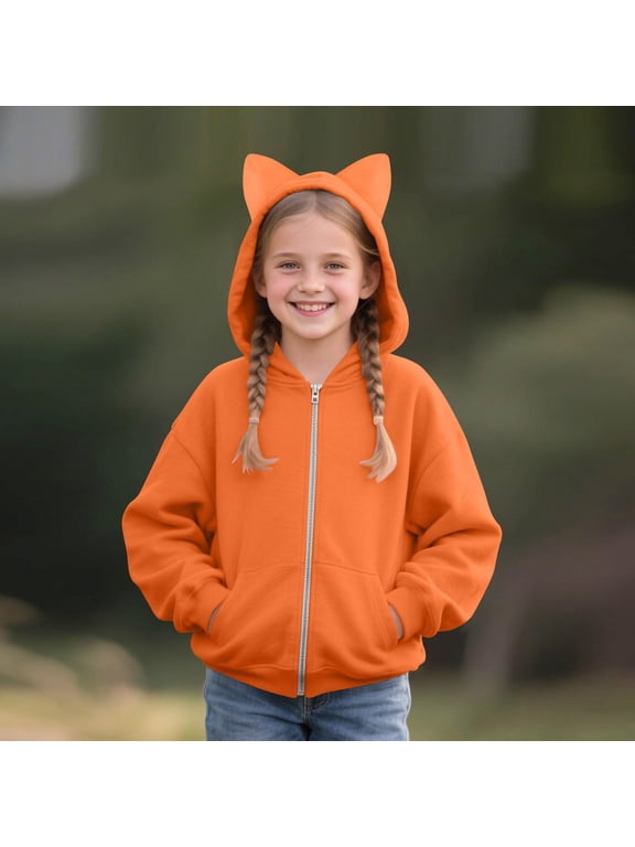 Girls Cat Ear Hoodie Zip Up Sweatshirt Jacket Fleece Lined Oversized Long Sleeve Coat Pockets Cute Casual Fall Winter School for Kids Boys Girls